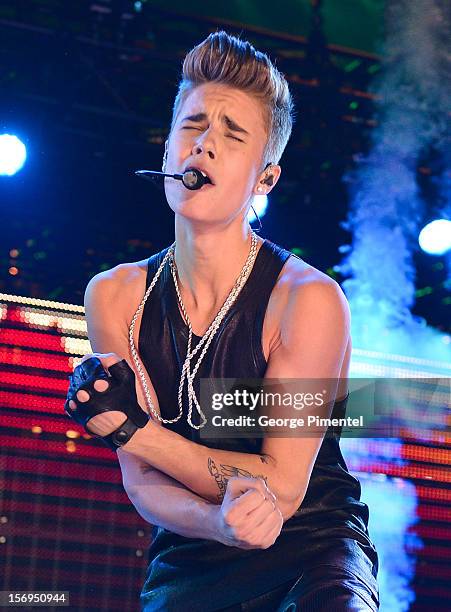 Justin Bieber performs during the halftime show at the CFL's 100th Grey Cup Championship at the Rogers Centre on November 25, 2012 in Toronto, Canada.