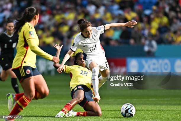 Linda Caicedo of Colombia and Kang Chae-rim of Korea Republic compete for the ball during the FIFA Women's World Cup Australia & New Zealand 2023...