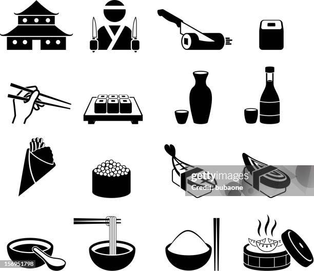 japanische sushi-restaurant, schwarz und weiß lizenzfreie vektor icon-set - sake stock-grafiken, -clipart, -cartoons und -symbole