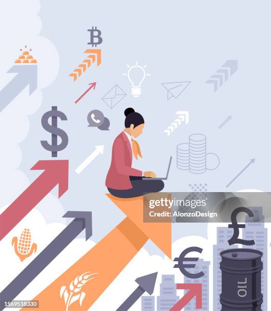 businessman character. trader working on laptop. financial analyst. - stock trader stock illustrations