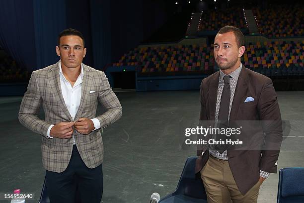 Quade Cooper and Sonny Bill Williams speak to media during a press conference at Brisbane Entertainment Centre on November 26, 2012 in Brisbane,...