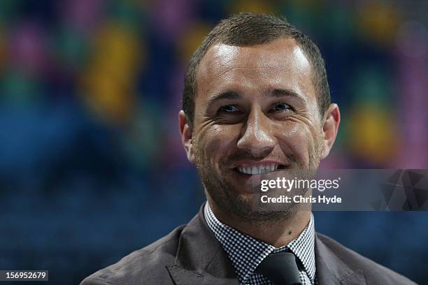 Quade Cooper speaks to the media during a press conference at Brisbane Entertainment Centre on November 26, 2012 in Brisbane, Australia.