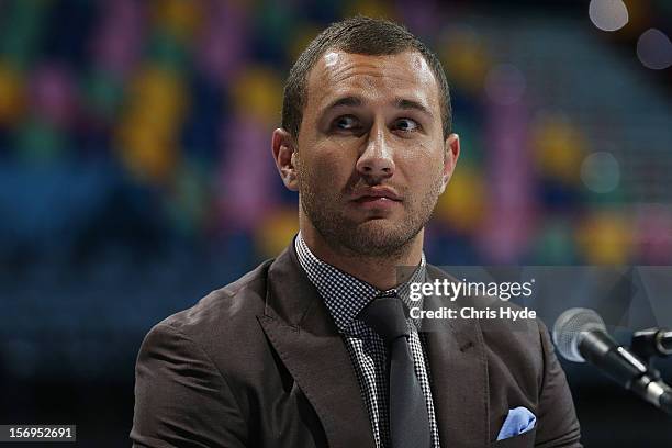 Quade Cooper speaks to the media during a press conference at Brisbane Entertainment Centre on November 26, 2012 in Brisbane, Australia.