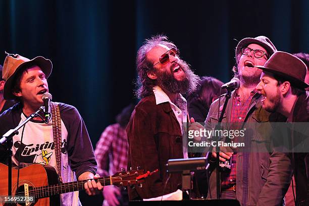 Scott McMicken, Eric D. Johnson, and Andy Cabic perform at The Last Waltz Tribute Concert at The Warfield Theater on November 24, 2012 in San...