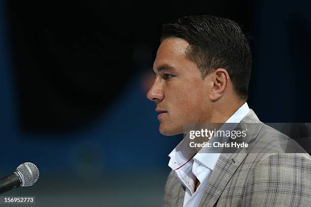 Sonny Bill Williams speaks to media during a press conference at Brisbane Entertainment Centre on November 26, 2012 in Brisbane, Australia.
