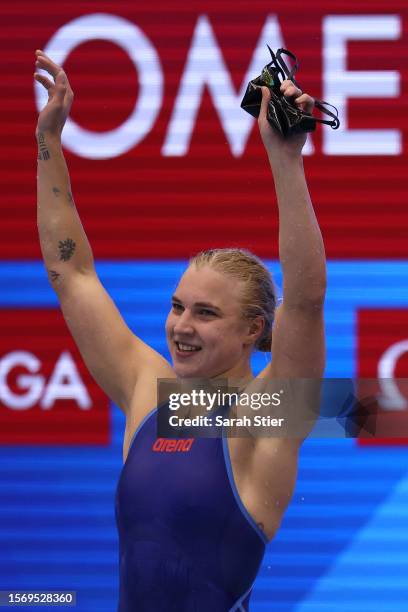 Ruta Meilutyte of Team Lithuania celebrates winning gold in the in the Women's 100m Breaststroke Final on day three of the Fukuoka 2023 World...