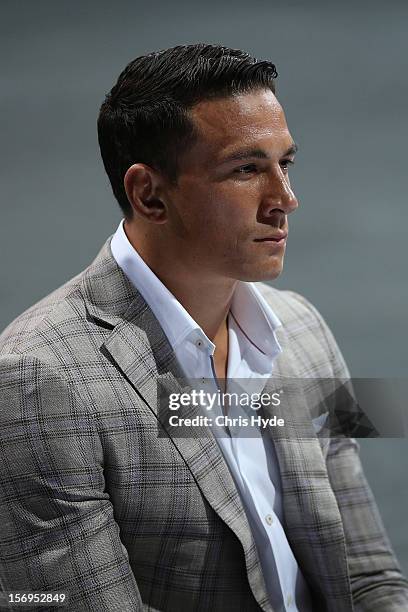 Sonny Bill Williams speaks to media during a press conference at Brisbane Entertainment Centre on November 26, 2012 in Brisbane, Australia.