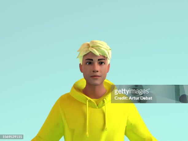 portrait of a metaverse 3d avatar with yellow sweater and blonde hair. - top prospects game stock-fotos und bilder