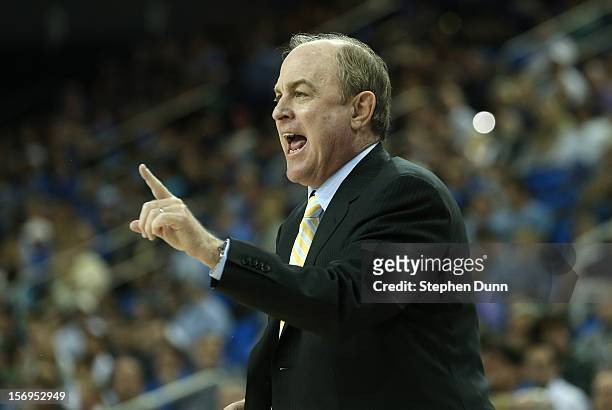 Head coach Ben Howland of the UCLA Bruins gives instructions against the Cal Poly Mustangs at Pauley Pavilion on November 25, 2012 in Los Angeles,...