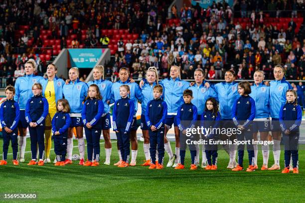 England squad sings their National Anthem during the FIFA Women's World Cup Australia & New Zealand 2023 Group D match between China and England at...
