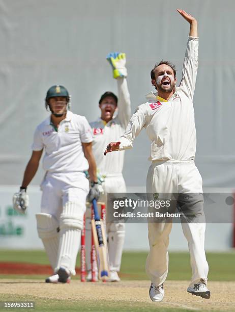 Nathan Lyon of Australia appeals unsuccessfully for LBW against Faf du Plessis of South Africa during day five of the Second Test Match between...