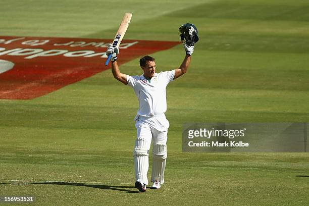 Faf du Plessis of South Africa celebrates scoring his century during day five of the Second Test Match between Australia and South Africa at Adelaide...