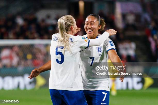 Lauren James celebrating her goal with her teammate Alex Greenwood of England during the FIFA Women's World Cup Australia & New Zealand 2023 Group D...
