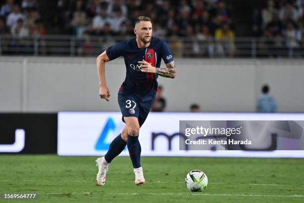 Milan Skriniar of Paris Saint-Germain in action during the pre-season friendly match between Paris Saint-Germain and Al-Nassr at Yanmar Stadium Nagai...