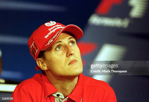 Michael Schumacher of Germany and Ferrari during the pre race press conference for the European Grand Prix at the Nurburgring, Germany. Mandatory...