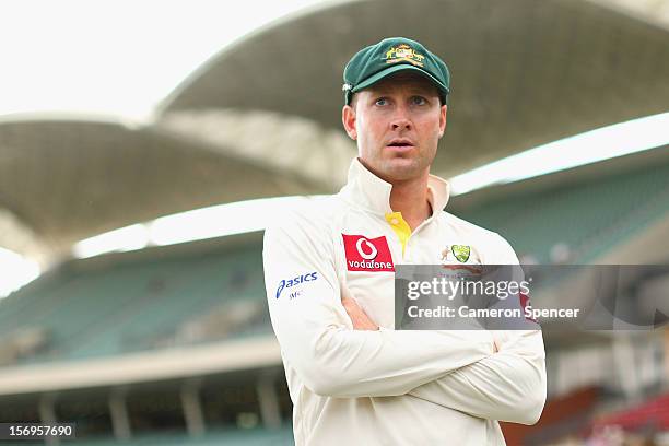 Australian captain Michael Clarke looks on following the end of play on day five of the Second Test Match between Australia and South Africa at...