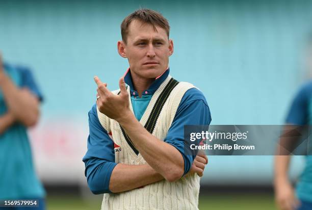 Marnus Labuschagne of Australia looks on during a training session before the 5th Test between England and Australia at The Kia Oval on July 25, 2023...