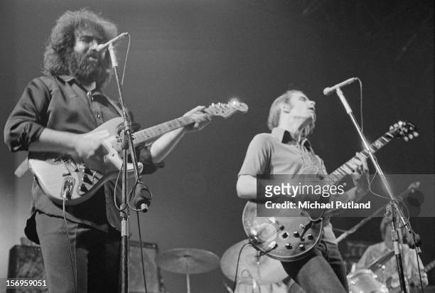 Jerry Garcia and Bob Weir of American rock band The Grateful Dead performing at the Empire Pool at Wembley, London, 7th April 1972.