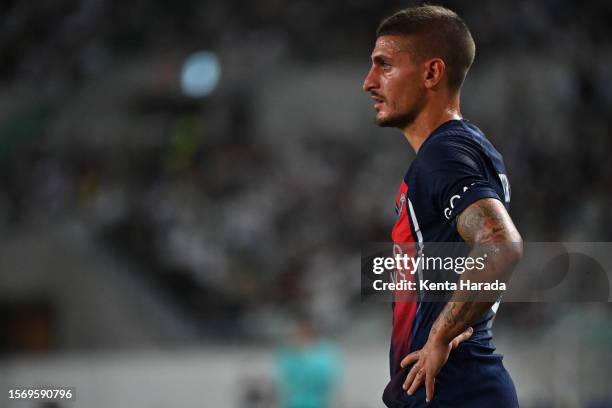 Marco Verratti of Paris Saint-Germain looks o during the pre-season friendly match between Paris Saint-Germain and Al-Nassr at Yanmar Stadium Nagai...