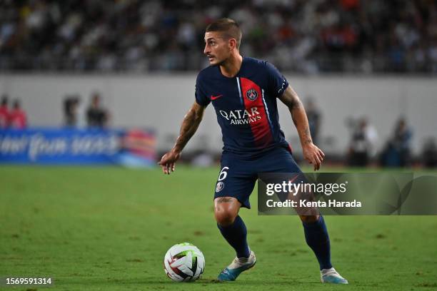 Marco Verratti of Paris Saint-Germain in action during the pre-season friendly match between Paris Saint-Germain and Al-Nassr at Yanmar Stadium Nagai...