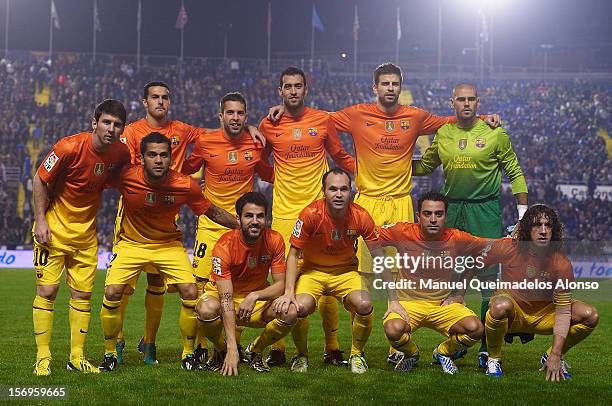 Barcelona line up for a team photograph before the la Liga match between Levante UD and FC Barcelona at Ciutat de Valencia on November 25, 2012 in...