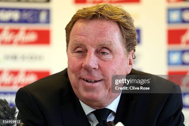 Harry Redknapp talks during a press conference after being unveiled as the new Queens Park Rangers Manager on November 26, 2012 in Harlington,...