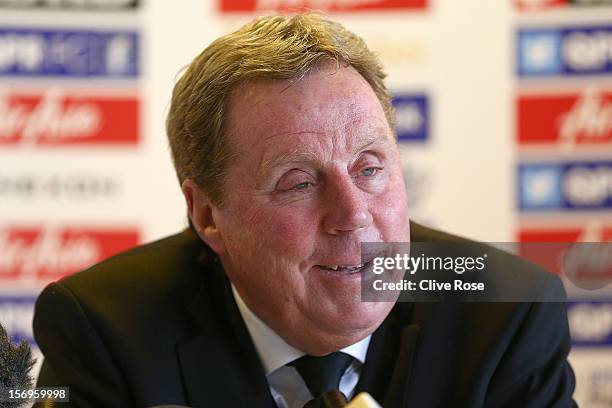 Harry Redknapp talks during a press conference after being unveiled as the new Queens Park Rangers Manager on November 26, 2012 in Harlington,...