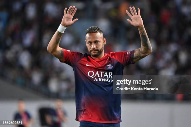 Neymar Jr of Paris Saint-Germain applaud fans after the pre-season friendly match between Paris Saint-Germain and Al-Nassr at Yanmar Stadium Nagai on...