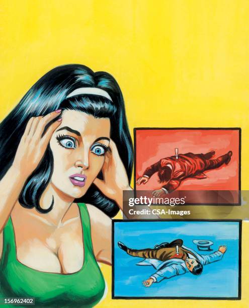 frightened woman with two dead people - unrecognizable person photos stock illustrations