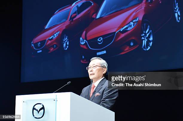Mazda Motor Co President Takashi Yamanouchi speaks during the new 'Atenza' revealing on November 20, 2012 in Tokyo, Japan.