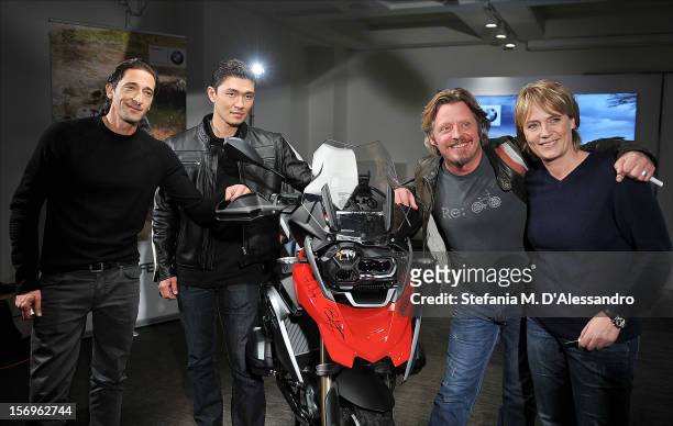 Adrien Brody, Rick Yune, Charley Boorman and Jutta Kleinschmidt attend the BMW 'Ride of your Life' Promotion Event on November 15, 2012 in Rome,...