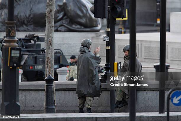 General view on set for the movie 'All You Need Is Kill' being filmed in Trafalgar Square on November 25, 2012 in London, England.