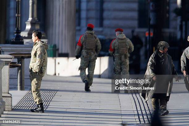 General view on set for the movie 'All You Need Is Kill' being filmed in Trafalgar Square on November 25, 2012 in London, England.