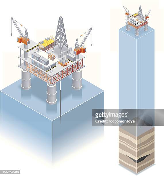 ilustraciones, imágenes clip art, dibujos animados e iconos de stock de isométricos, plataforma de perforación para la extracción de petróleo - torre perforadora