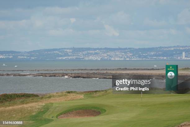 General view of the 2nd green prior to The Senior Open Presented by Rolex at Royal Porthcawl Golf Club on July 25, 2023 in Bridgend, Wales.