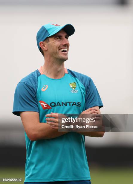 Pat Cummins of Australia looks on during the Australia Nets Session at The Kia Oval on July 25, 2023 in London, England.