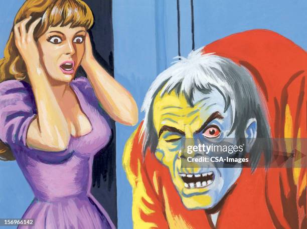 woman and hunchback man - man looking inside mouth illustrated stock illustrations