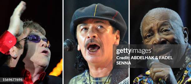 Combo of pictures taken this week shows Elton John, Mexican-American guitarist Carlos Santana and US singer BB King performing during the nineth...