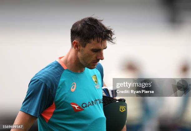 Pat Cummins of Australia walks from the ground during the Australia Nets Session at The Kia Oval on July 25, 2023 in London, England.