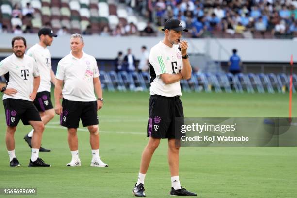 Head coach Thomas Tuchel of Bayern Muenchen looks on during the Bayern Muenchen press conference & training session attends a press conference at...