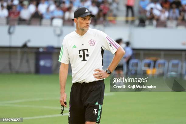 Head coach Thomas Tuchel of Bayern Muenchen looks on during the Bayern Muenchen press conference & training session attends a press conference at...