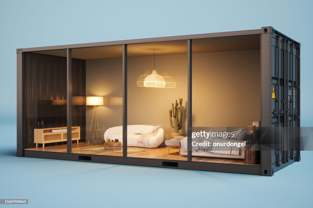 Modern Bedroom Interior With Bed Furniture, Sofa And Television Set In Cargo Container