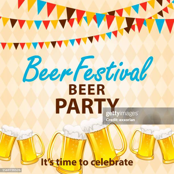 bildbanksillustrationer, clip art samt tecknat material och ikoner med beer festival party invitation with checked pattern - banderoll