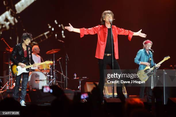Ronnie Wood, Charlie Watts, Mick Jagger and Keith Richards of the Rolling Stones perform at 02 Arena on November 25, 2012 in London, England.