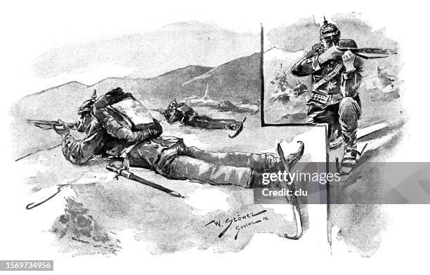 soldiers shooting with rifle, lying and kneeling - soldier kneeling stock illustrations