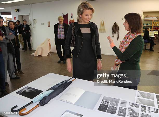 Princess Mathilde of Belgium talks to a student during a visit at the ENSAV Arts Academy on November 26, 2012 in Brussels, Belgium.