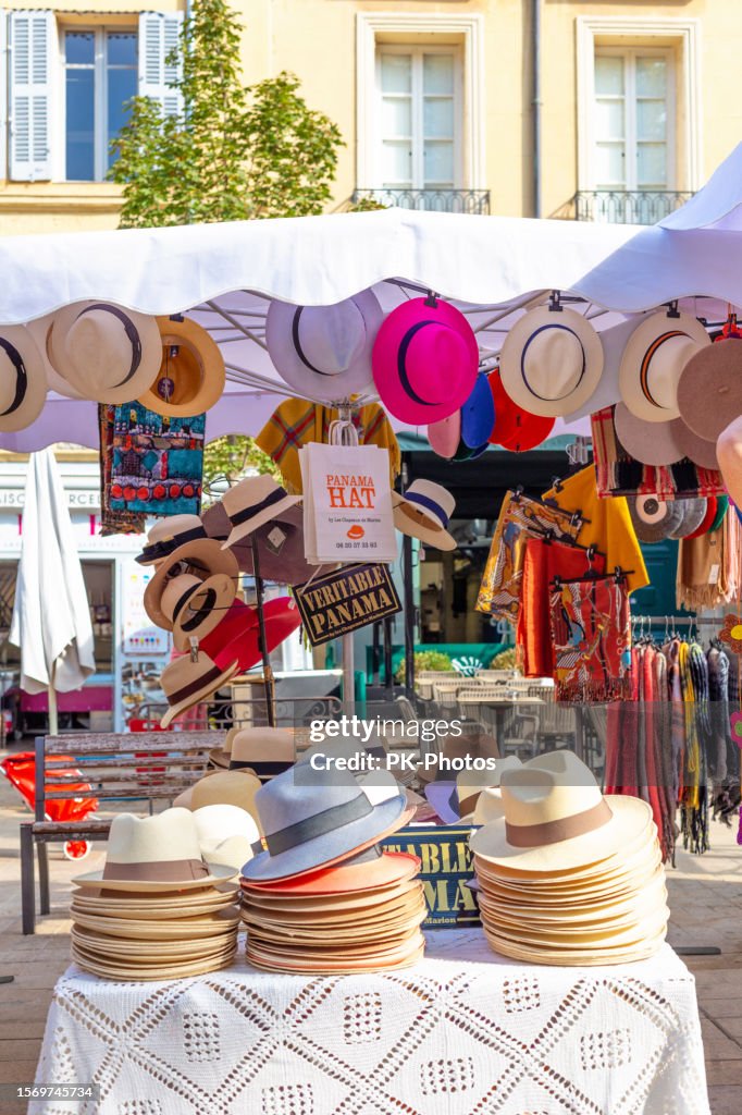 Straw hats at a market in Aix-en-Provence, France