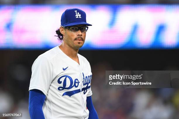 Los Angeles Dodgers Pitcher Joe Kelly looks on during the MLB game between the Cincinnati Reds and the Los Angeles Dodgers on July 29, 2023 at Dodger...