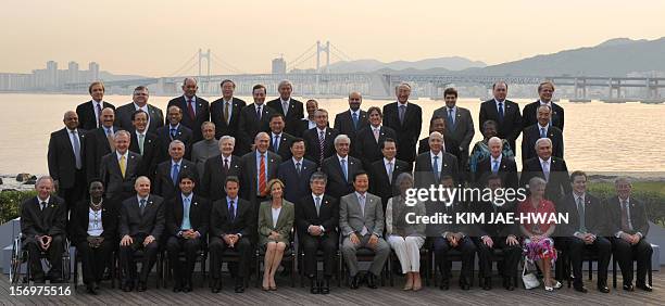 Finance Ministers attend the G20 Finance and Central Bank Governors meeting photo session in Busan on June 4, 2010. First row left to right,...