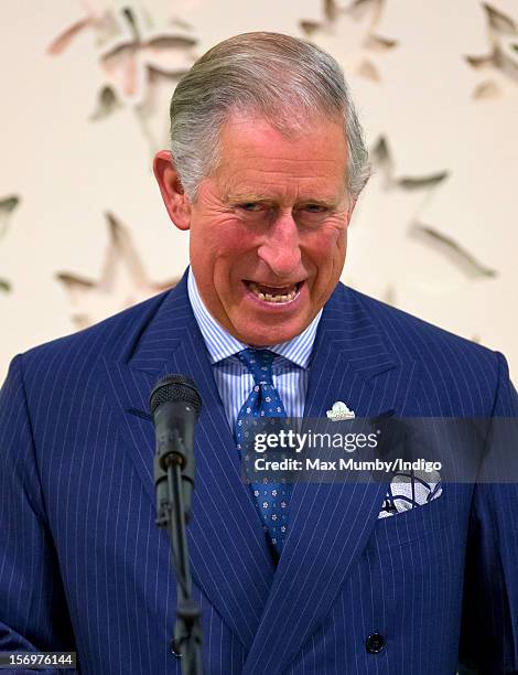 Prince Charles, Prince of Wales makes a speech as he, accompanied by Jamie Oliver, visits Carshalton Boys Sports College to see how the school has...